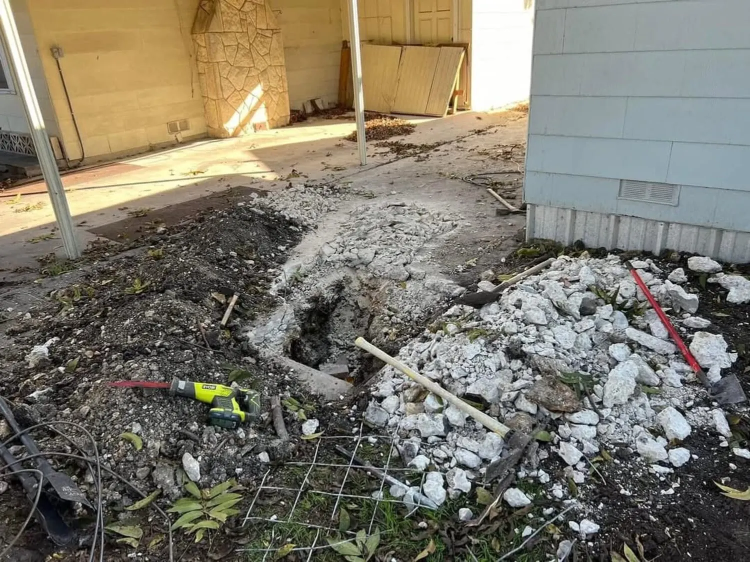 Sewer line trench before pipe replacement